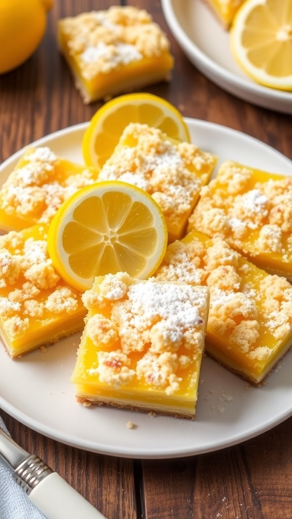 Lemon crumble bars with a golden topping and bright lemon filling, garnished with powdered sugar and lemon slice.